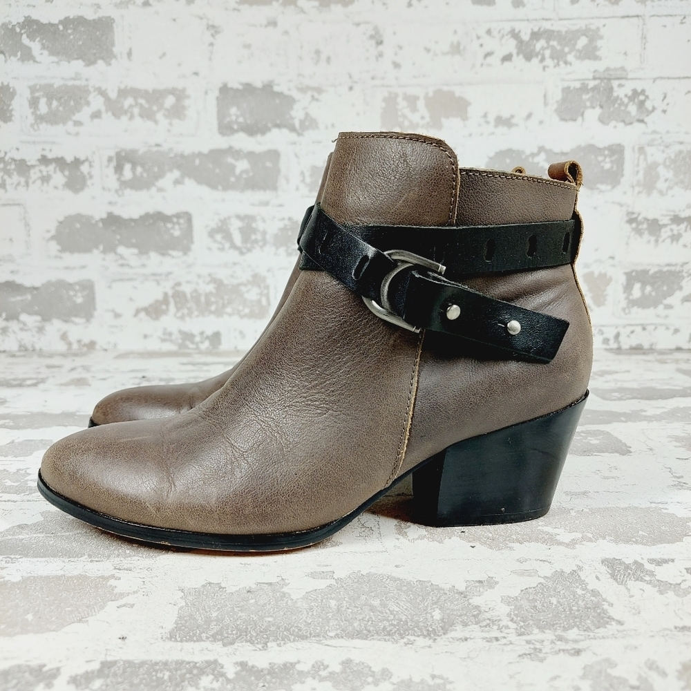 Nicole Brown Leather Zip Strap Buckle Round Toe Fashion Heeled Ankle Boots B204